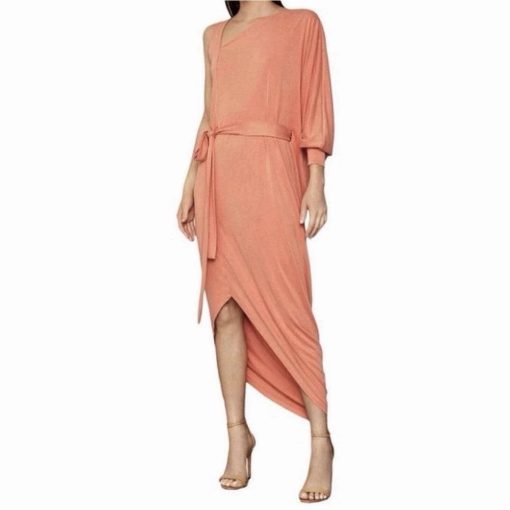 BCBGMAXAZRIA Asymmetrical One-Sleeve Knit Midi Dress Coral Sz XS Coastal Summer